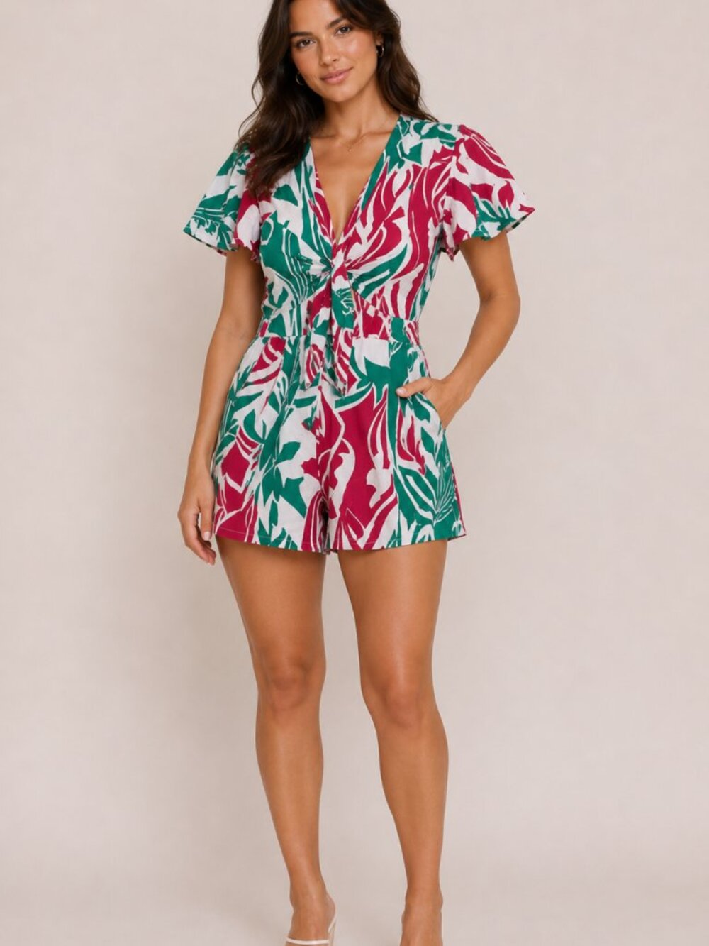 Valija Red, Green, and White Printed Tie Front Jumpsuit Romper Size Small